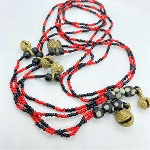 Pair Boho Bead Necklaces Brass Bells Red Black Seed Beads Set Of Two